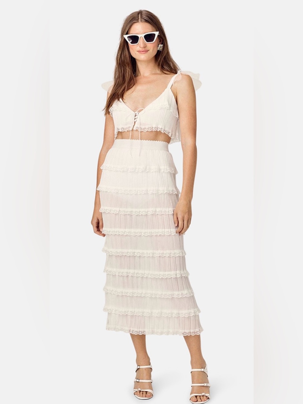 For Love & Lemons 2 piece Posie skirt and cropped top set w white lace size M